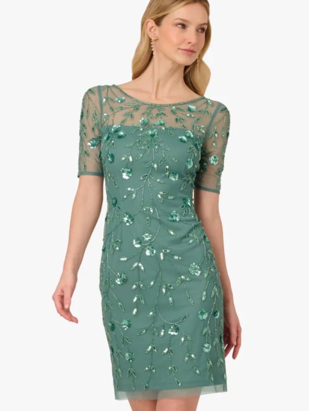 NWT Adrianna Papell Green Slate Beaded Midi Cocktail Dress. Size 8
